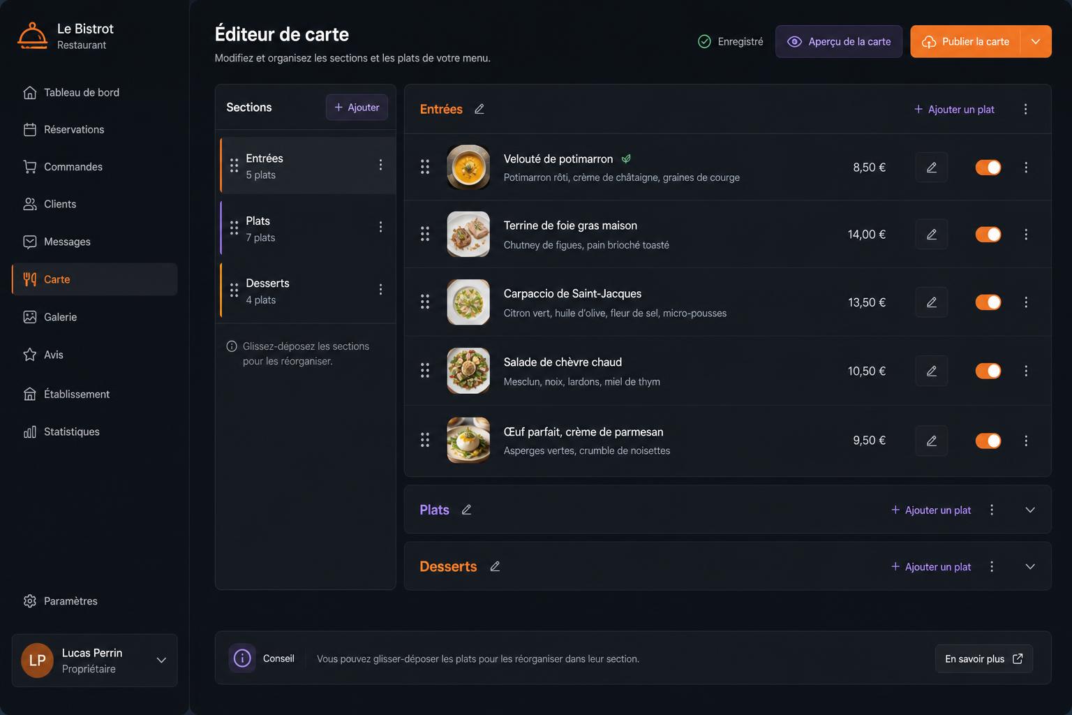 Une carte propre, par gammes, en 2 clics.