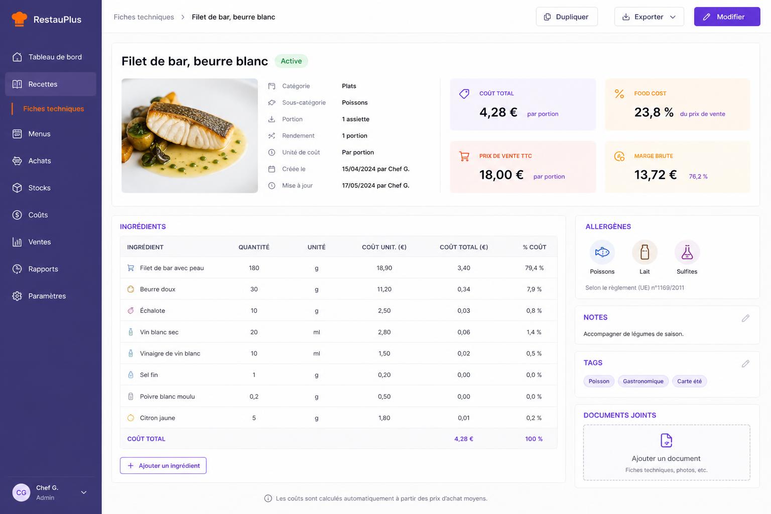 Coût réel, marge brute, food cost — calculés tout seuls.